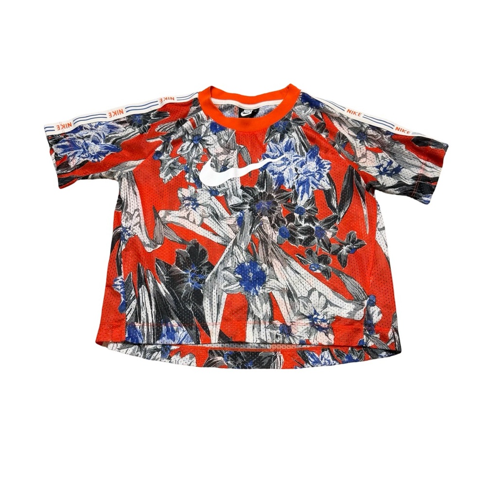 🔥🌺 NIKE Floral Mesh Crop Top Bright Orange Swoosh Tee Size S 🌺🔥